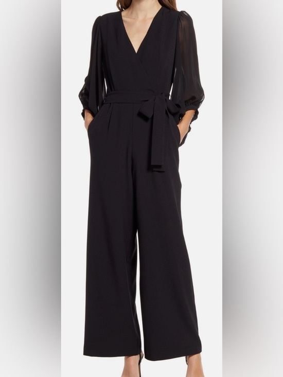 Donna Ricco Pants - Donna Ricco women's solid black jumpsuit featuring sheer sleeves